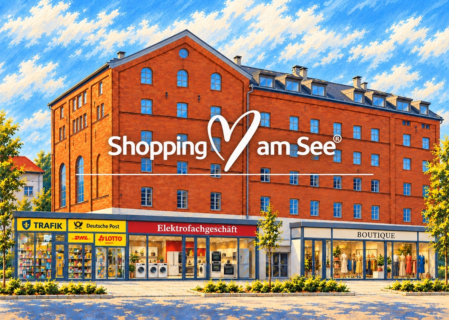 Hausmotiv mit Shopping am See, Trafik, Deutscher Post, Elektrofachgeschäft und Boutique